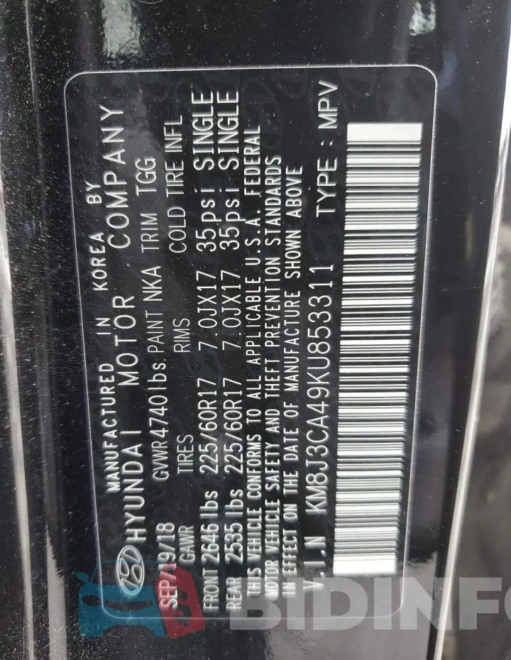 KM8J3CA49KU853311 Photo# 13