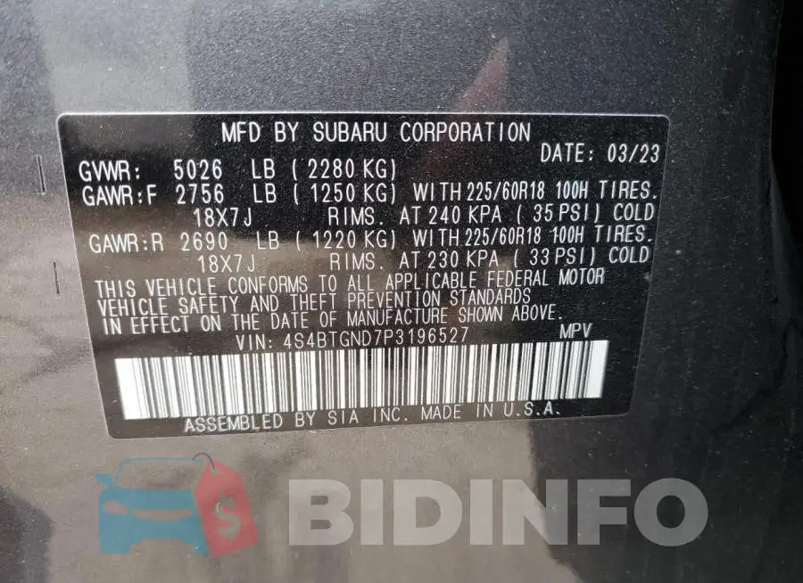 4S4BTGND7P3196527 Photo# 13