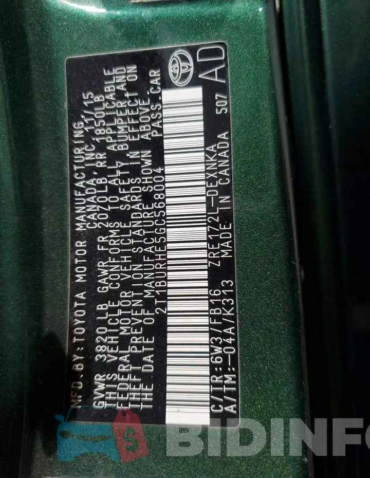 2T1BURHE5GC568004 Photo# 12