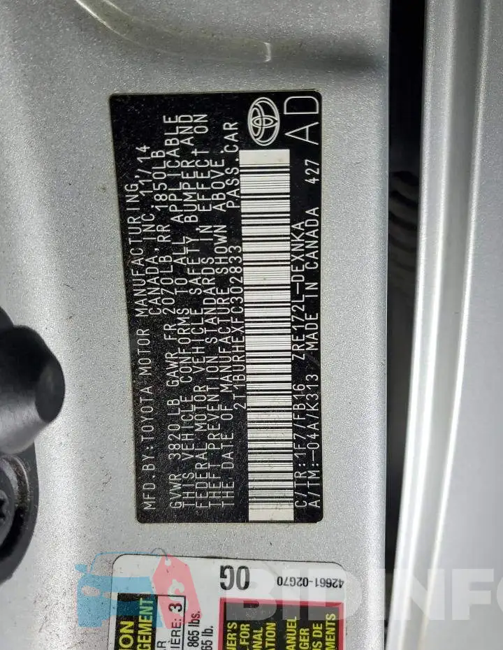 2T1BURHEXFC302833 Photo# 13