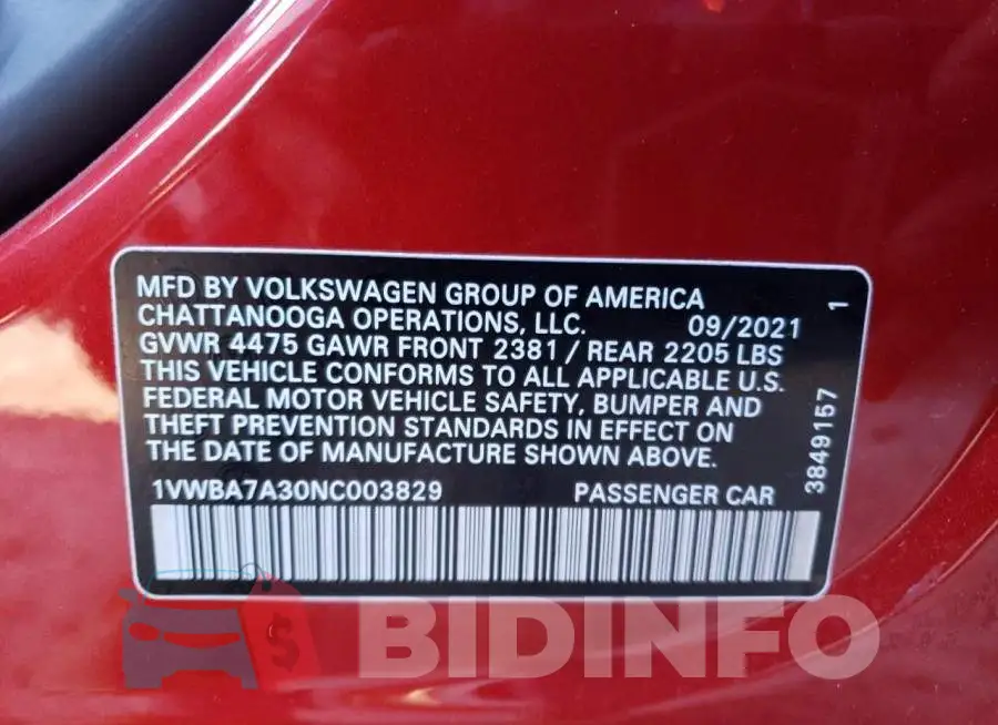 1VWBA7A30NC003829 Photo# 12