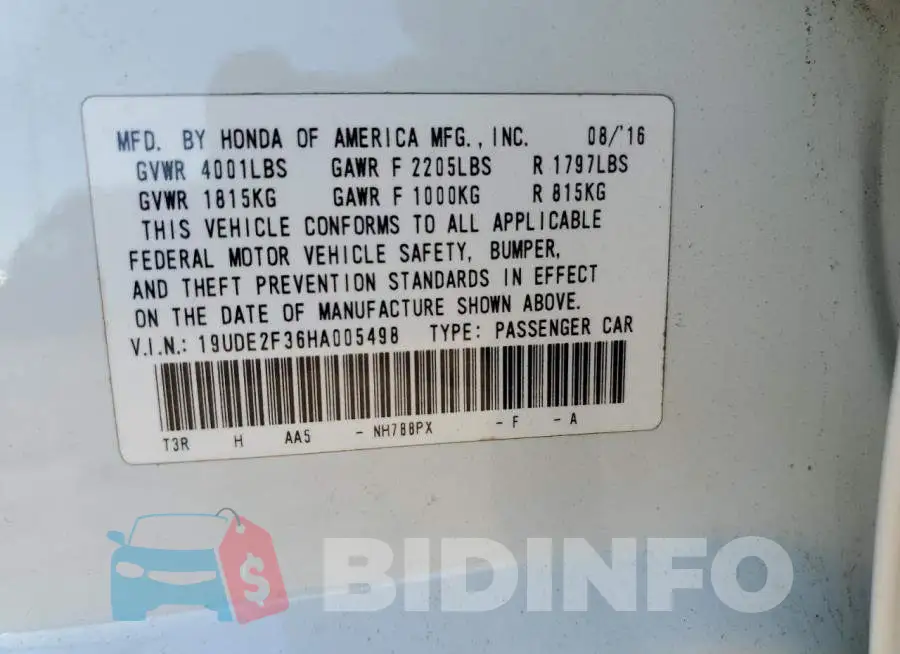 19UDE2F36HA005498 Photo# 12