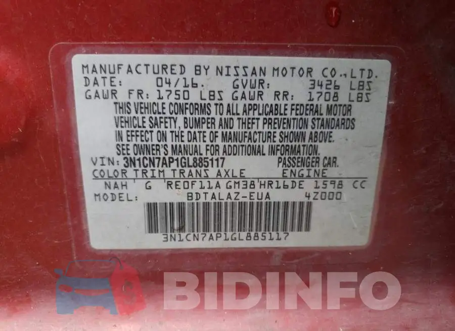 3N1CN7AP1GL885117 Photo# 12