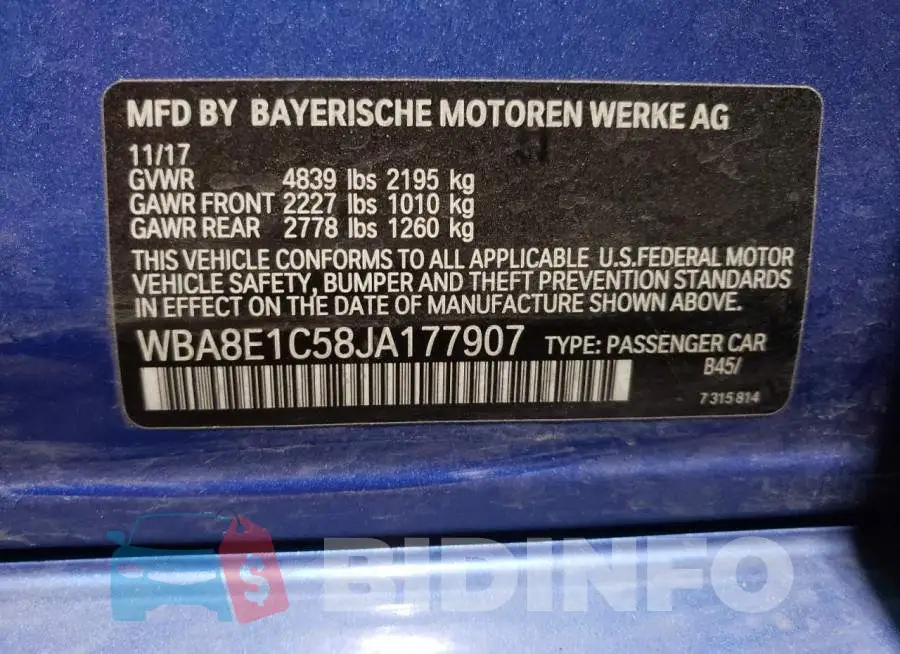 WBA8E1C58JA177907 Photo# 12