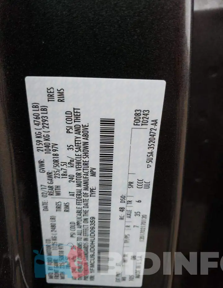 1FMCU9JD0HUD09359 Photo# 14