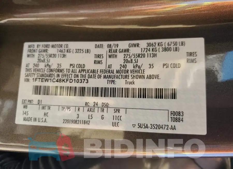 1FTEW1C48KFD10373 Photo# 13