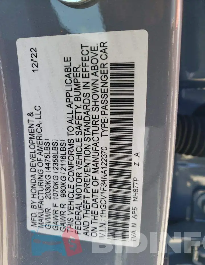 1HGCV1F34NA122370 Photo# 12