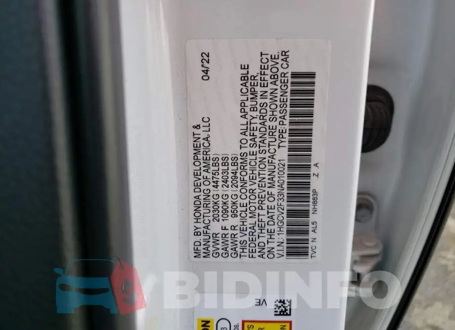 1HGCV2F33NA010021 Photo# 12