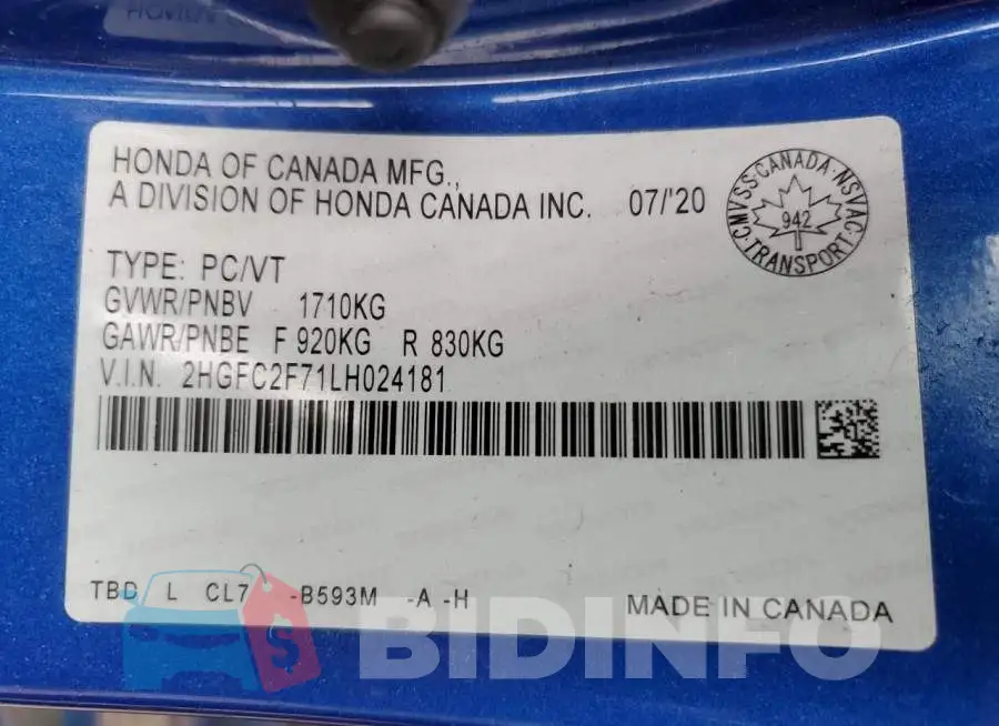 2HGFC2F71LH024181 Photo# 13