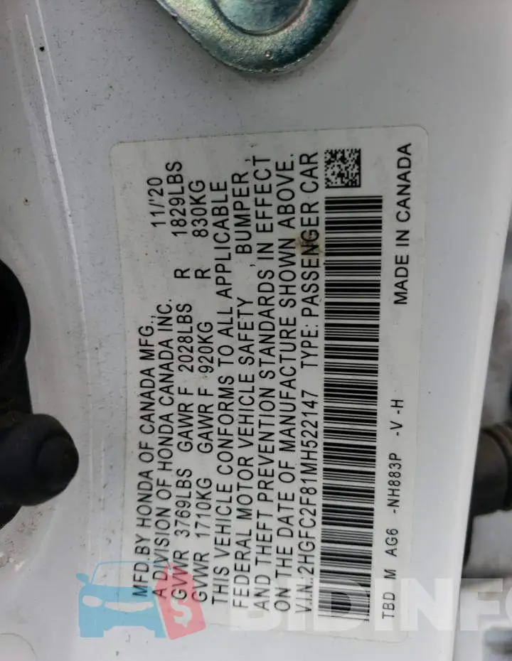 2HGFC2F81MH522147 Photo# 12