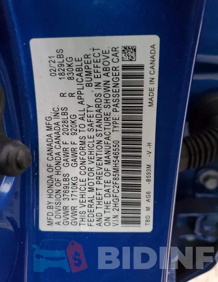 2HGFC2F85MH546550 Photo# 13