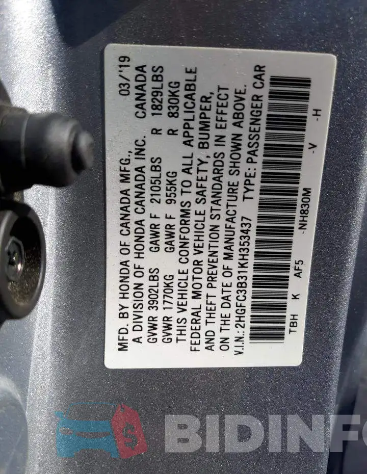 2HGFC3B31KH353437 Photo# 12