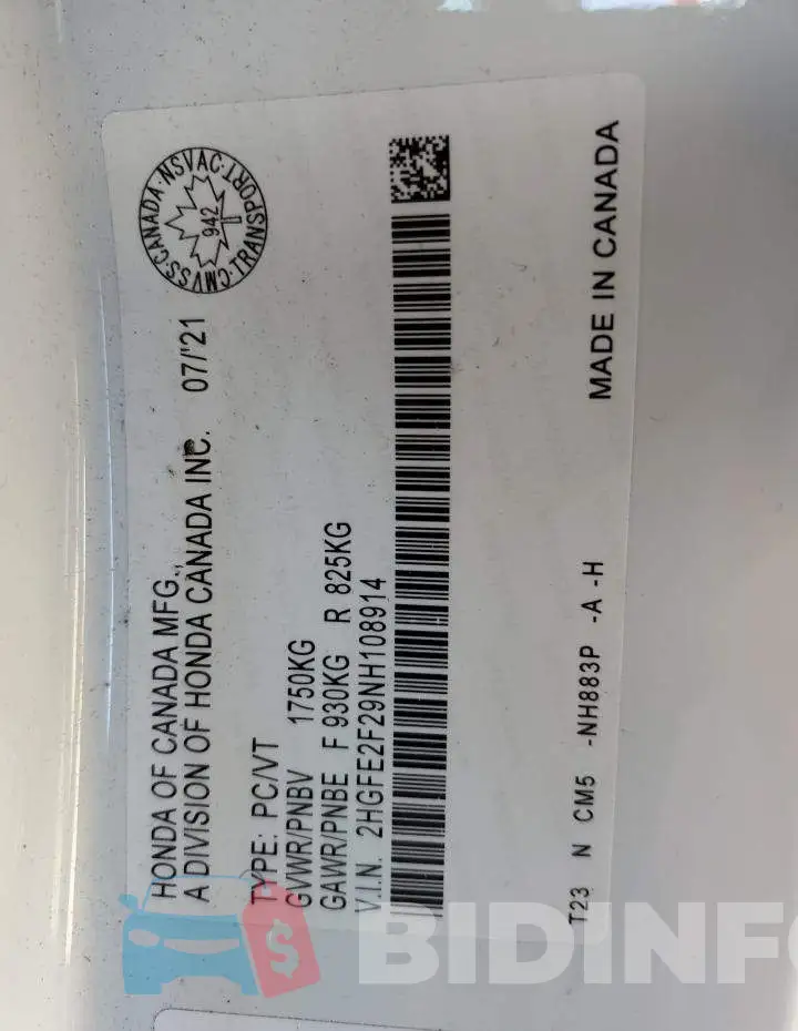 2HGFE2F29NH108914 Photo# 12