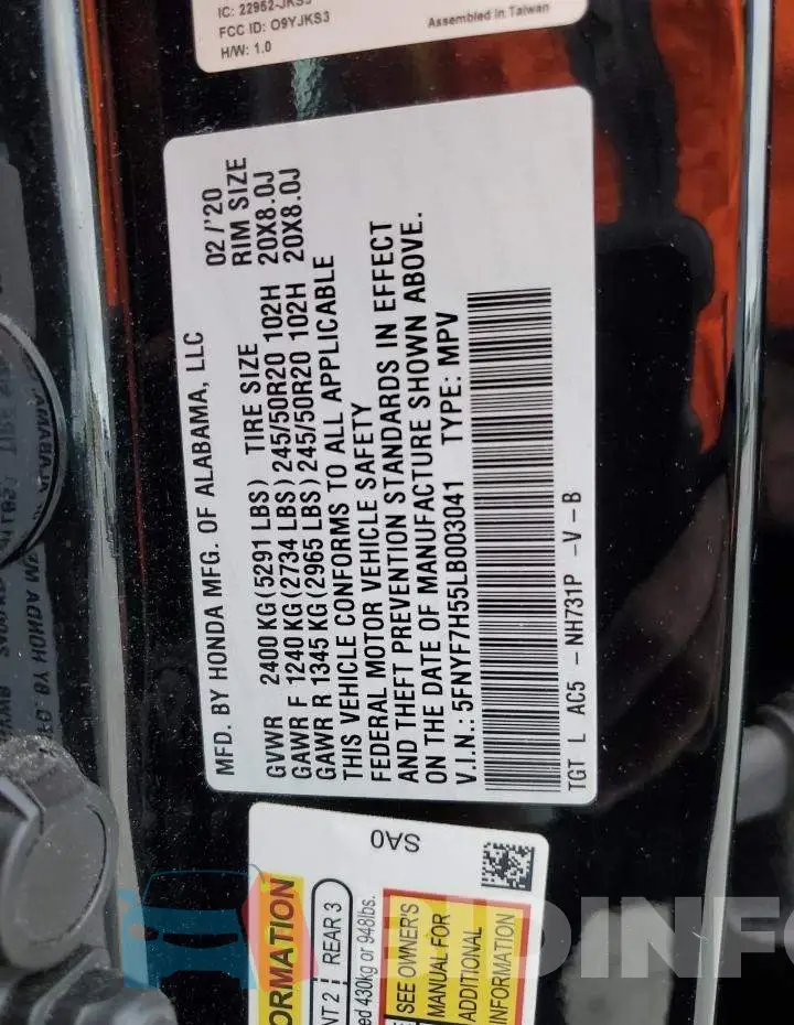 5FNYF7H55LB003041 Photo# 12