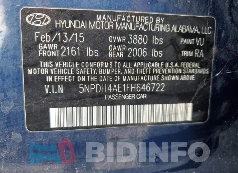 5NPDH4AE1FH646722 Photo# 12