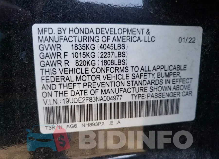 19UDE2F83NA004977 Photo# 12