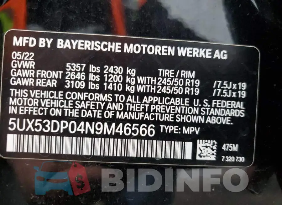 5UX53DP04N9M46566 Photo# 13