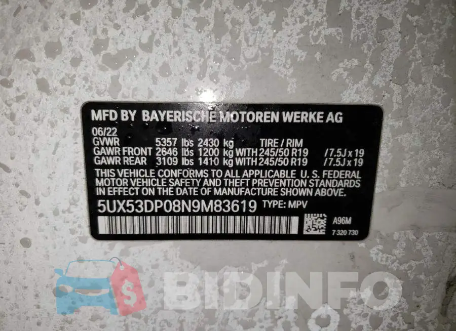 5UX53DP08N9M83619 Photo# 13