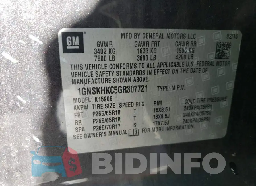 1GNSKHKC5GR307721 Photo# 13