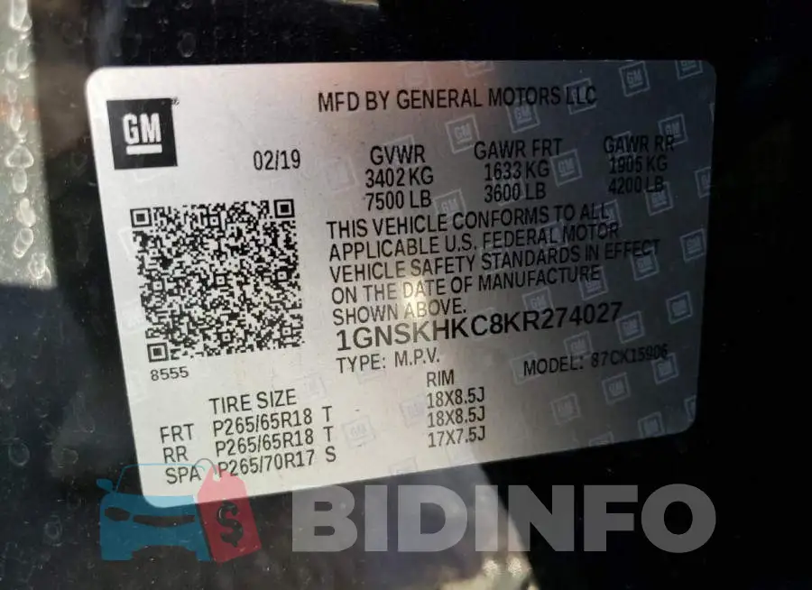 1GNSKHKC8KR274027 Photo# 13
