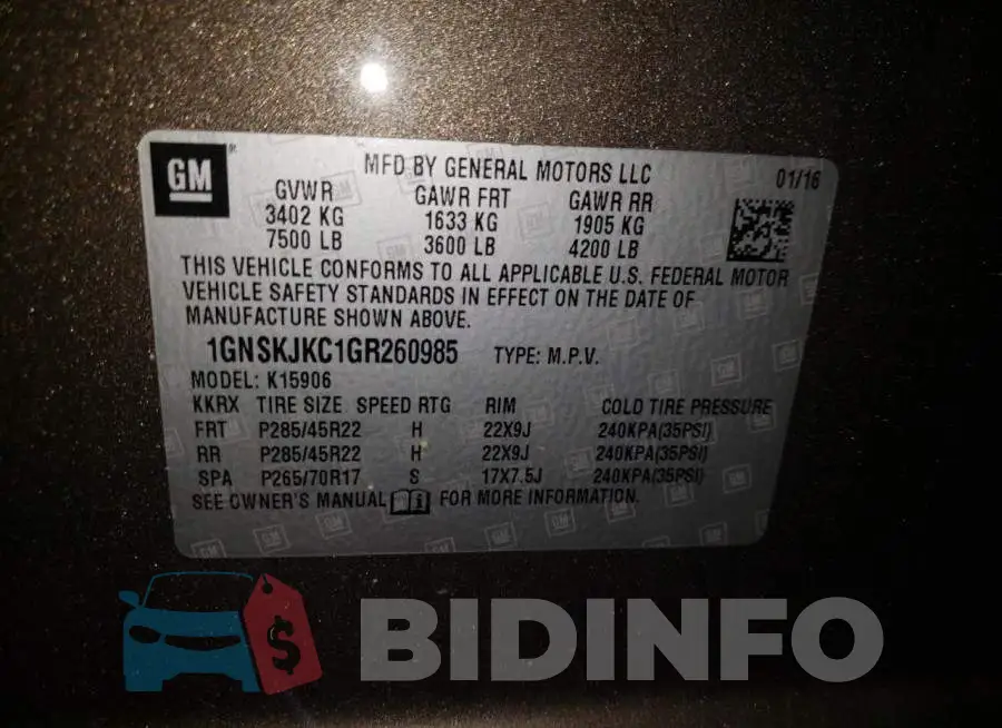 1GNSKJKC1GR260985 Photo# 13