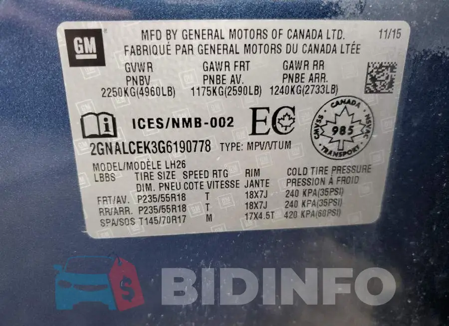2GNALCEK3G6190778 Photo# 14