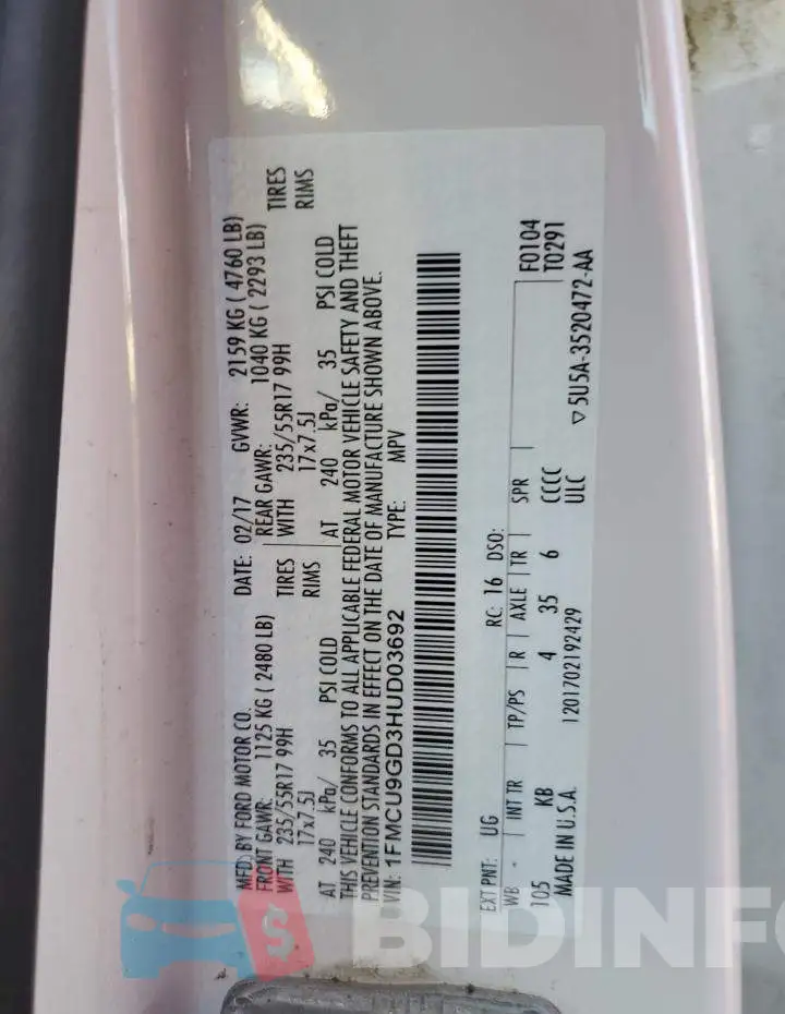 1FMCU9GD3HUD03692 Photo# 12
