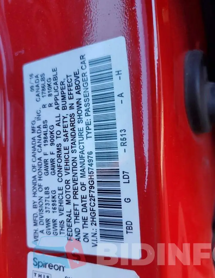 2HGFC2F79GH574976 Photo# 13