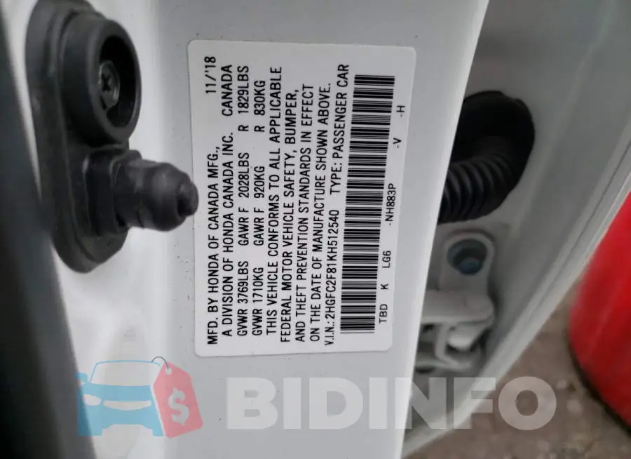 2HGFC2F81KH512540 Photo# 12