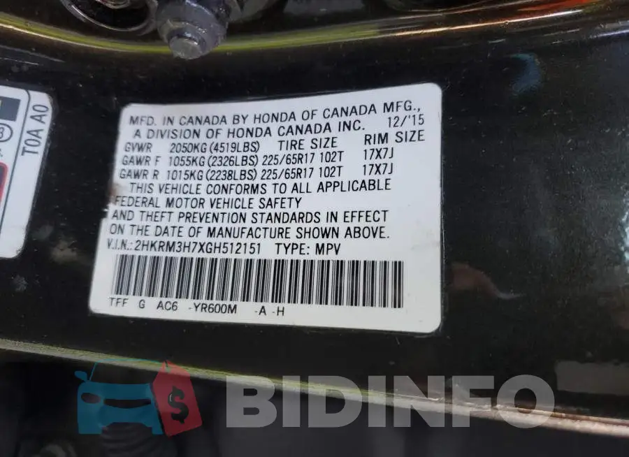 2HKRM3H7XGH512151 Photo# 13