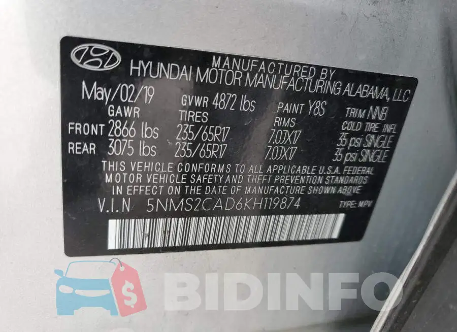 5NMS2CAD6KH119874 Photo# 13