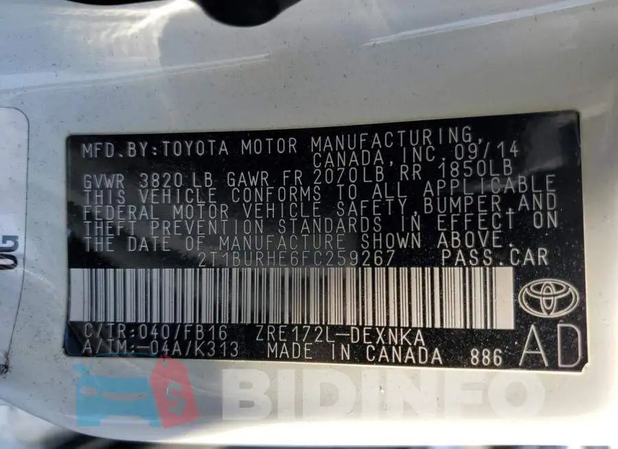 2T1BURHE6FC259267 Photo# 12