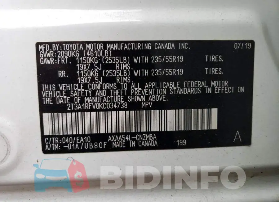 2T3A1RFV0KC034738 Photo# 12