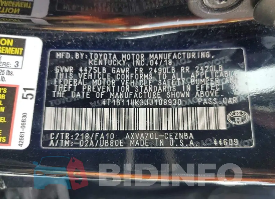 4T1B11HK3JU108930 Photo# 12
