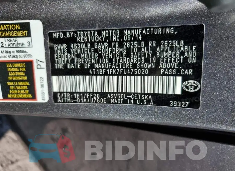 4T1BF1FK7FU475020 Photo# 12
