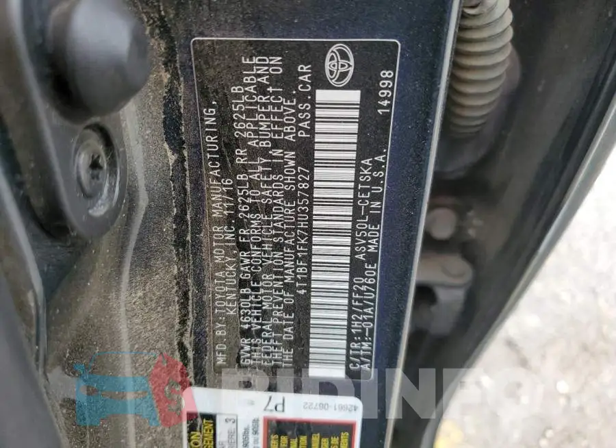 4T1BF1FK7HU357827 Photo# 12