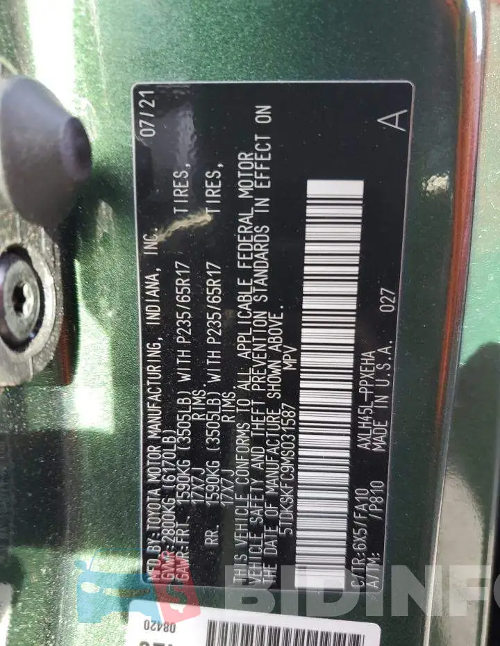 5TDKSKFC9MS031587 Photo# 12