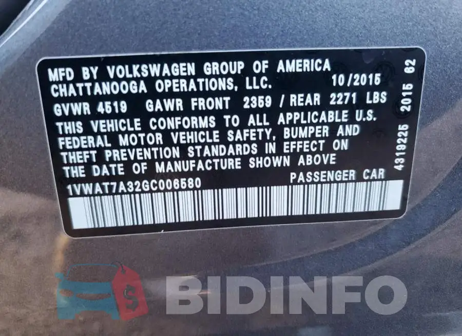 1VWAT7A32GC006580 Photo# 12
