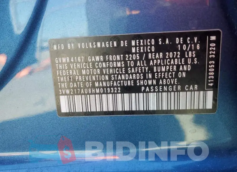 3VW217AU8HM019322 Photo# 12