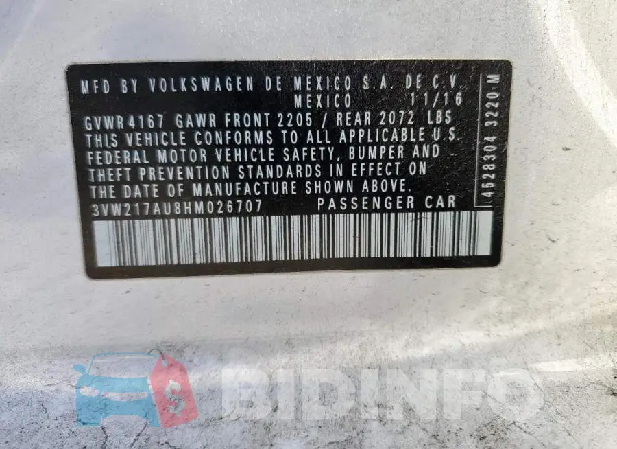 3VW217AU8HM026707 Photo# 12