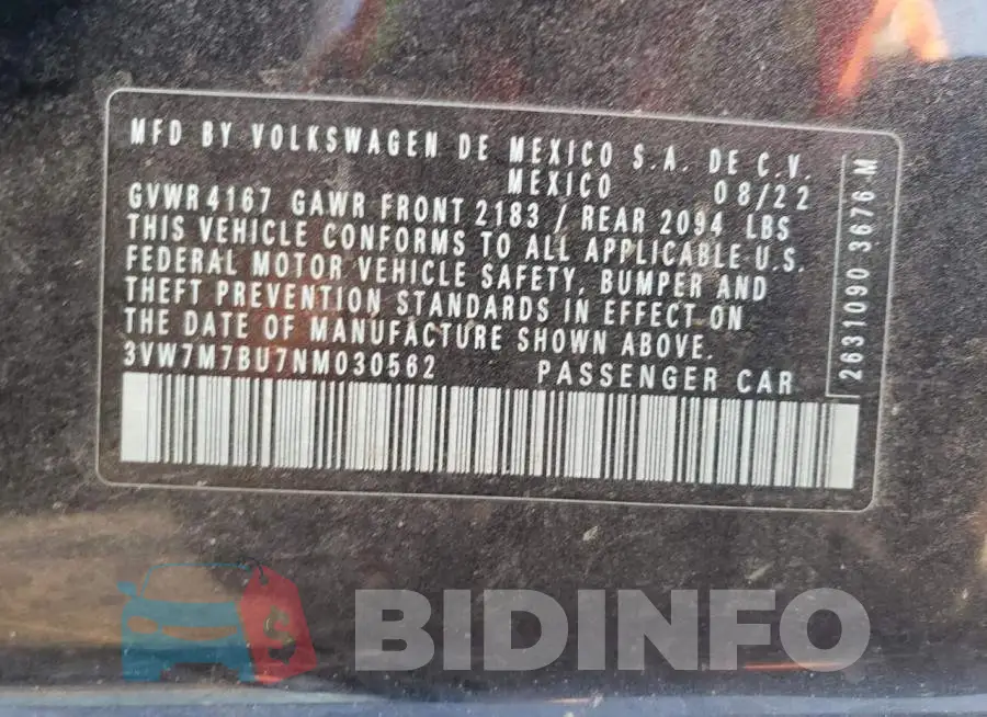 3VW7M7BU7NM030562 Photo# 12