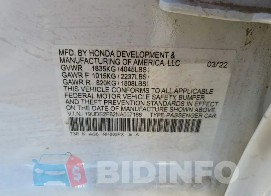 19UDE2F82NA007188 Photo# 13