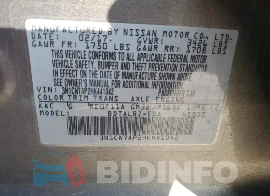 3N1CN7AP2HK441042 Photo# 12