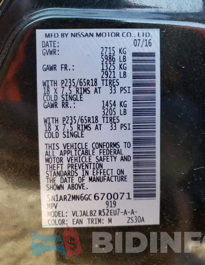 5N1AR2MN6GC670071 Photo# 13