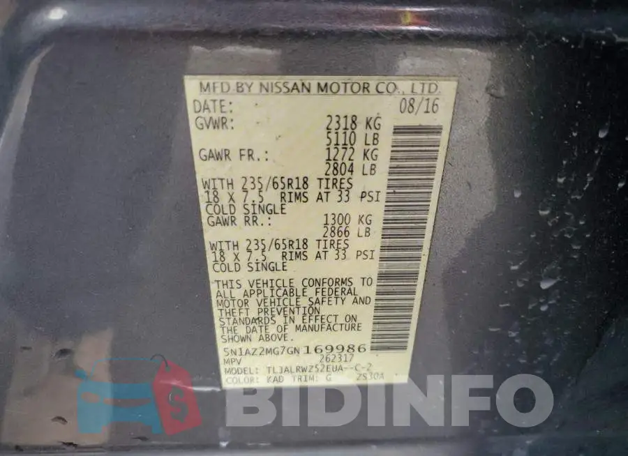5N1AZ2MG7GN169986 Photo# 13