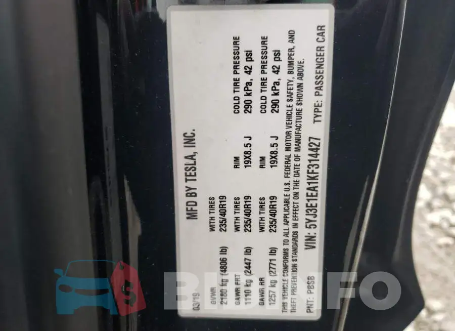 5YJ3E1EA1KF314427 Photo# 12