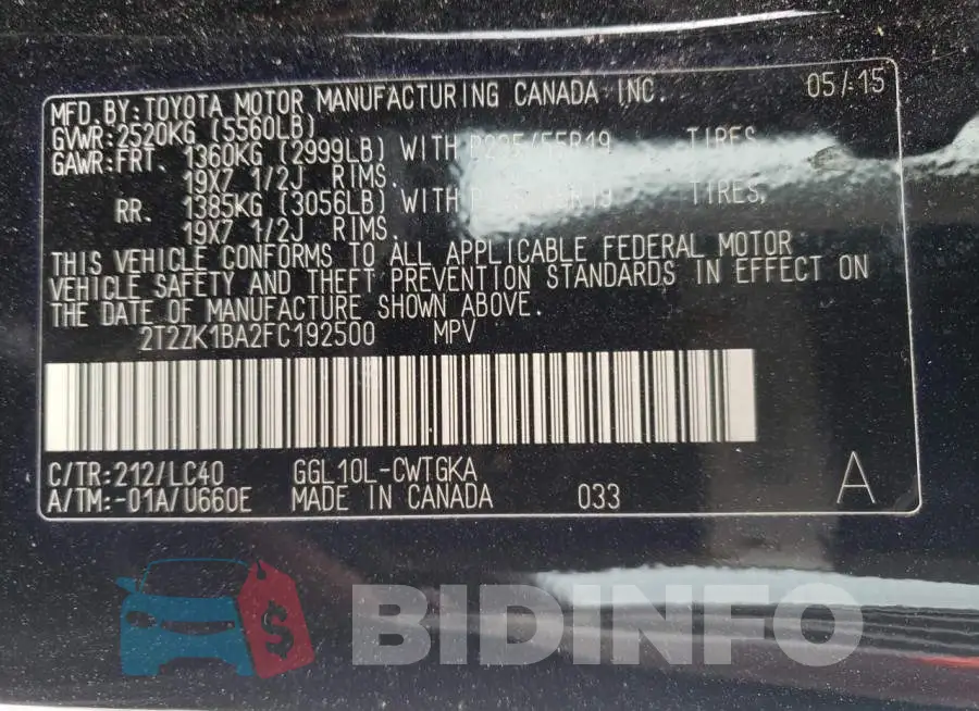 2T2ZK1BA2FC192500 Photo# 12