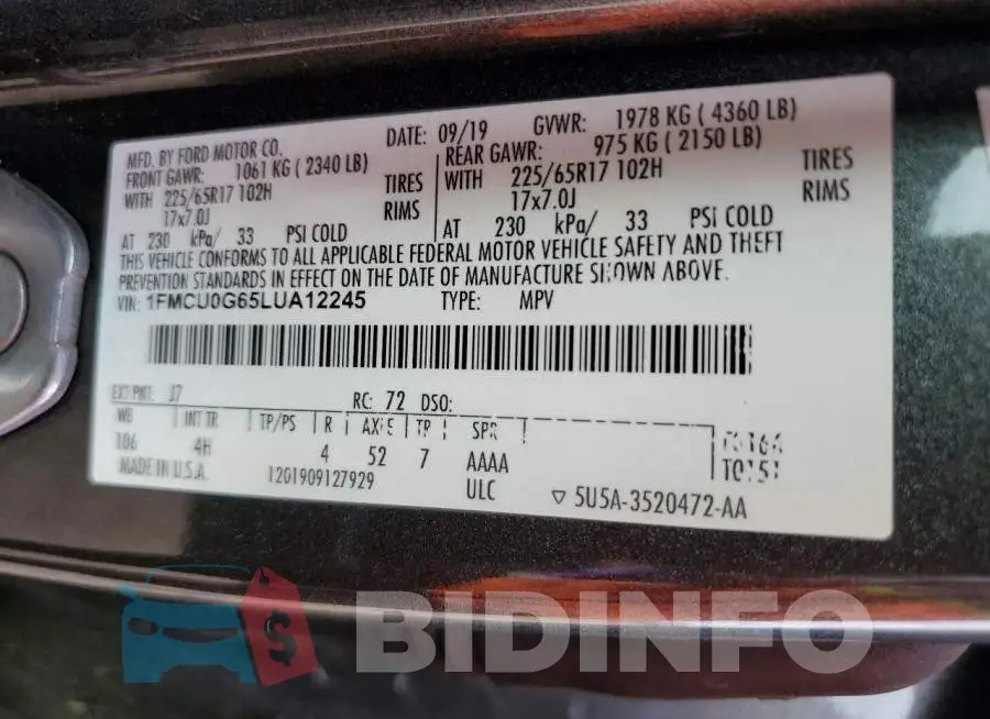 1FMCU0G65LUA12245 Photo# 12