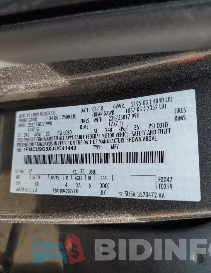 1FMCU9G9XJUC41449 Photo# 14
