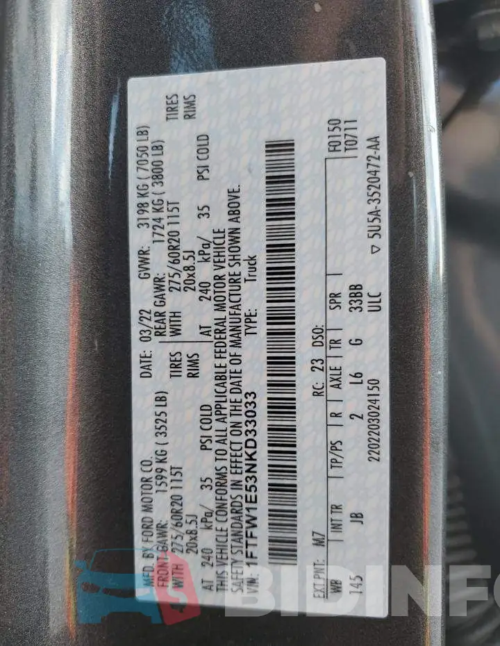 1FTFW1E53NKD33033 Photo# 12